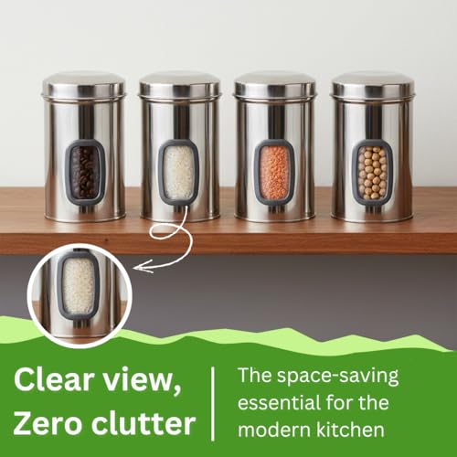 Image of Airtight Stainless Steel Storage Containers Set of 2 | 1750ml Steel Kitchen Canisters with See-Through Window | Food Grade Multipurpose Capsule Jars for Rice, Dal, Grains & Snacks