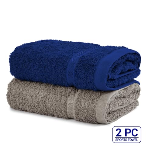 Image of Welspun Arlo Sports Hand Towel Set of 2 | 100% Cotton Gym & Fitness Essential | Soft, Absorbent & Quick Dry Sport Towel | Sweat Control for Workout, Yoga & Travel | 40 x 90 cm | Dark Blue & Grey