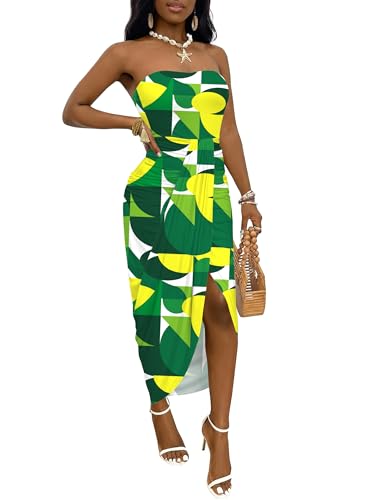 Image of Umenlele Women's Strapless Ruched High Waist Wrap Split Asymmetrical Beach Maxi Long Dress