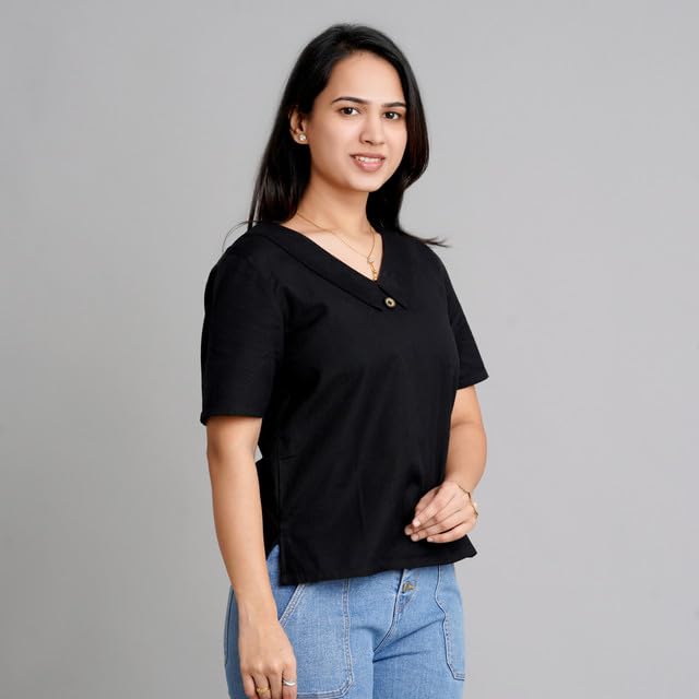 Image of Cotton Linen Regular Fit Half Sleeve Black Casual Wear Top Stylish for Women with Collar and Button Stylization