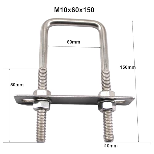 Image of Square U Bolts 304 Stainless Steel U-Bolts 2.4 inch Wide 5.9 inch Length (M10x60x150mm) U Clamps Bolt with Frame Plate, Washers and Nuts (2 Pack)