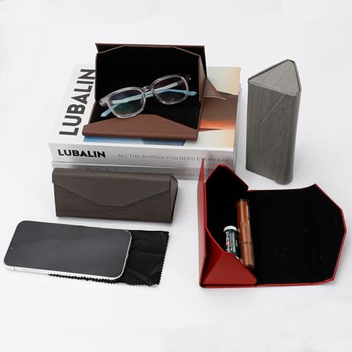 Image of 4 Pack Foldable Glasses Case, PU Leather Hard Shell Sunglasses Case with Magnetic Closure, Triangle Design Travel Eyeglasses Storage Case with 4 Cleaning Cloths