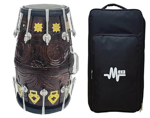 Dholak Handmade Mango Wood with Hand Work Wooden Engraving Design Includes Bag