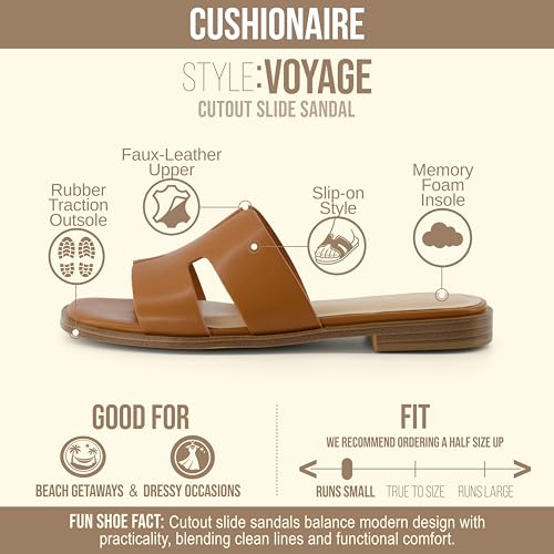 Image of CUSHIONAIRE Voyage Cutout Strap Slides for Women, Slip On Summer Flats, Trendy Footwear, Memory Foam Vegan Leather Comfortable Vacation Style Sandals