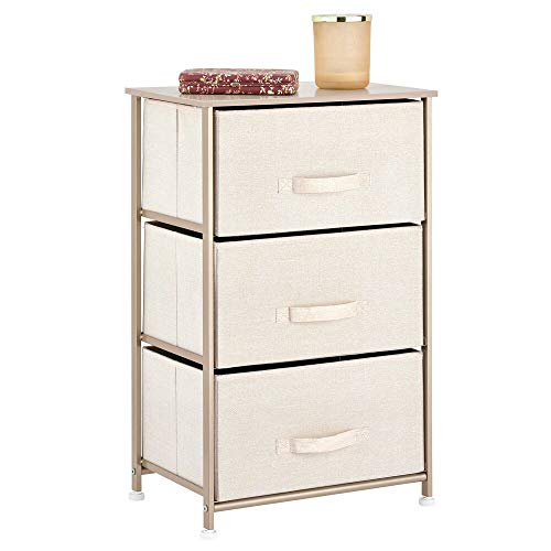 mDesign Vertical Dresser Storage Tower - Sturdy Steel Frame, Wood Top, Easy Pull Fabric Bins - Organizer Unit for Bedroom, Hallway, Entryway, Closets - Textured Print - 3 Drawers - Cream/Gold