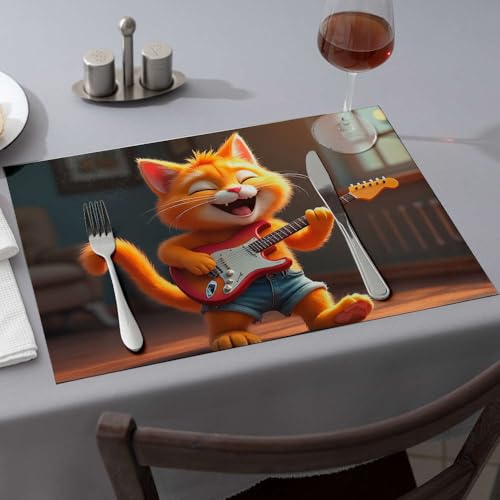 Set de table chat guitare électrique antidérapant et dessous de table lavable