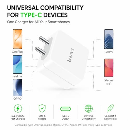 Image of BAVE 80W SuperVOOC Fast Charger with USB-A to Type-C Cable| Compatible with OnePlus 13, 12R, 11R, Nord Series, Oppo, Realme, Xiaomi, Redmi & Poco| Supports VOOC, Warp, Dart & Quick Charge