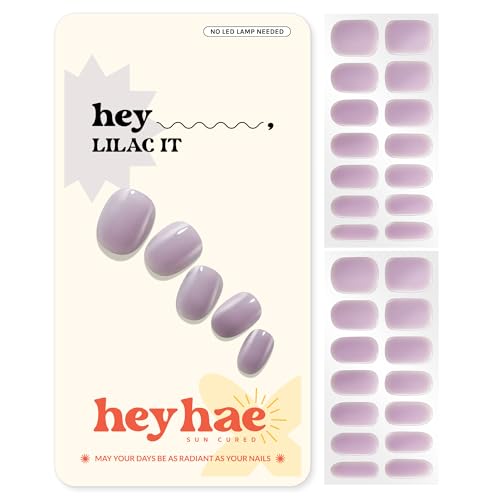 Heyhae Semi Cured Gel Nail Strips | No LED Lamp Needed | Summer, Solid, Purple | Easy Apply & Remove, Salon Quality | Includes 28 Strips, 1 Prep Pads, Nail File & Wooden stick - Hey, Lilac It