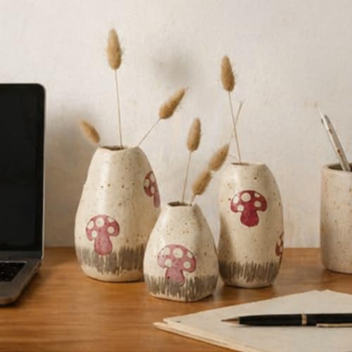 Image of KREATIVE ART'S Handcrafted Ceramic Vase Set of 3 - Pebble Vases for Home Decor, Living Room, Kitchen & Gifting - Speckled Off-White & Red Stoneware - 7 inch, 6 inch, 4 inch Height.