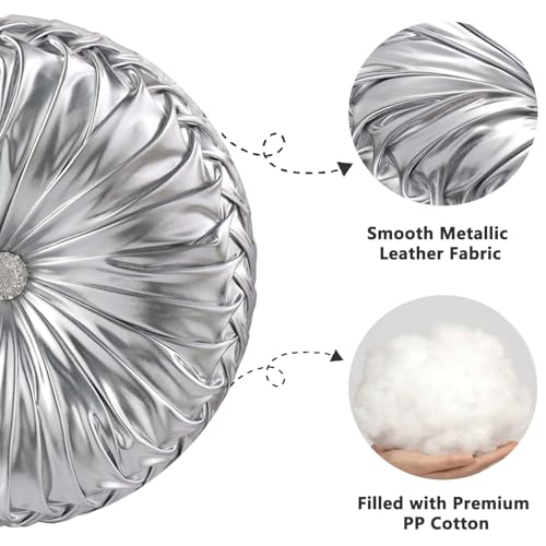 Image of HIG Set of 2 Handcrafted Silver Ruched Round Throw Pillows - 14.5'' Metallic Leather Decorative Pillows with Soft Polyester Filling for Couch, Bed, Living Room, Bedroom, or Dorm