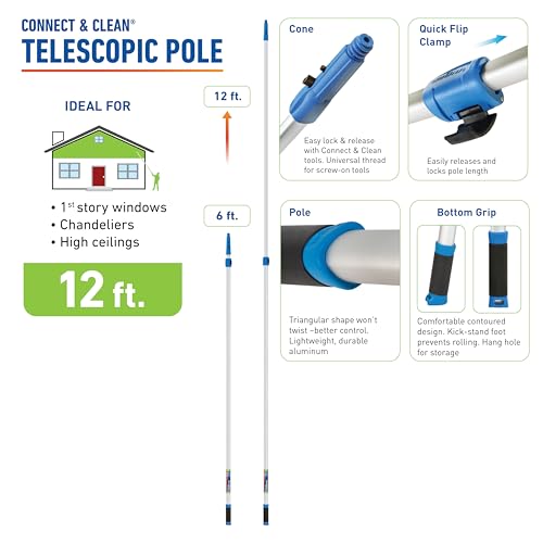 Image of Unger Professional Connect and Clean 6'-12' Aluminum Telescopic Extension Pole with Locking Cone and Quick-Flip Clamp, Compatible with Cleaning Tool Attachments, Indoor and Outdoor Use