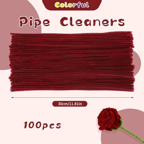 Image of 100Pcs Pipe Cleaners, Wine Red Chenille Stems for Flowers Making