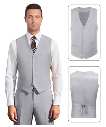 Image of Men's 3 Piece Slim Fit Suit Set, Two Button Blazer Solid Jacket Vest Pants Wedding Business Suit
