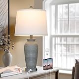 CINSARY 25' Grey Farmhouse Jar Table Lamps, 3 Way Touch Control Rustic Bedside Lamps with USB A+C Ports & AC Outlet, Pot Nightstand Lamps for Bedroom End Table (LED Bulbs Included)