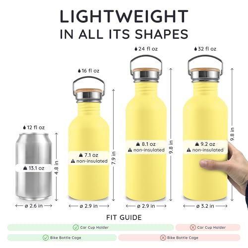 Image of Bambaw Stainless Steel Water Bottle 32 oz, Non-insulated Yellow Beam with Handle, Dishwasher Safe
