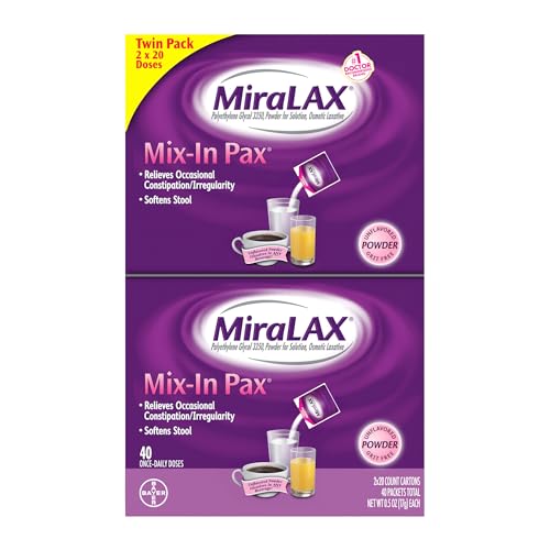 MiraLAX Laxative Powder for Gentle Constipation Relief for Adults Stool Softener with PEG 3350 Nonstimulant Laxative No Harsh Side Effects Single Dose Mix-in Pax Travel Pack 40 Doses