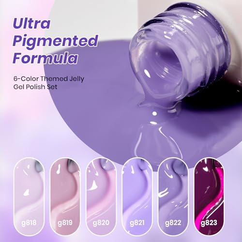Image of Beetles Amethyst Realm Jelly Purple Gel Nail Polish Set - 6 Colors Spring Gel Polish Kit Jelly Purple Sheer Translucent Effect Soak Off UV French Nail Art Salon DIY Manicure Gift for Women