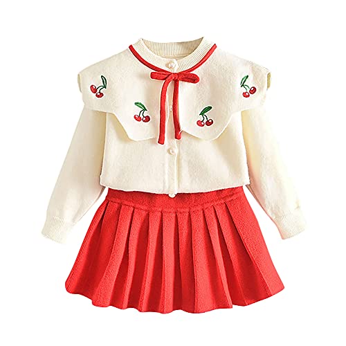 IBTOM CASTLE Baby Girl Christmas Outfit: Picture Day Outfits for Cchool, Toddler Autumn Winter Fall Clothes Knit Long Sleeve Ruffle Sweater Pleated Skirt Princess Casual Playwear Red-Cherry 2-3T