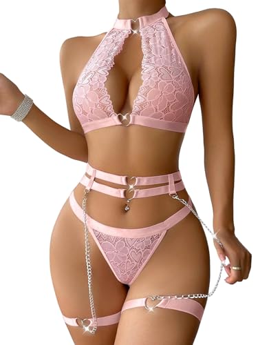 Sexy Halter Heart Ring Cutout Chain Floral Lace Sheer Garter Belt Lingerie Set 3 Piece2