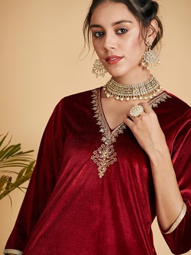 Image of Women's Velvet Floral Embroidered Straight Kurta | Round Neck Three-Quarter Sleeve Calf Length Kurti with Thread Work