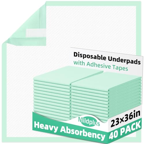 MILDPLUS Disposable Underpads with Adhesive Tapes 23'' X 36'' Large Bed Pads, Thicker Chucks, Incontinence Pads and Waterproof Pee Pads (60x90cm, 40 Pcs)