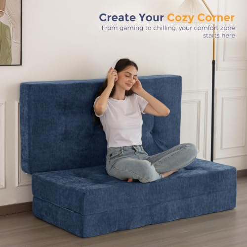 Image of MAXYOYO 6 inch Folding Sofa Bed for Floor, Tufted Tri-Fold Floor Mattress | Full Size Portable Sofa Couch Guest Mat with Chenille Fabric for Adults, Foldable Topper for Camping, Dusty Blue, Full