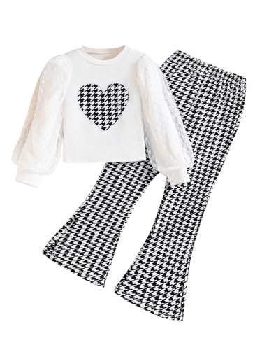Image of SweatyRocks Girl's 2 Piece Outfits Houndstooth Print Mesh Long Sleeve Top and Flare Pants Set White 12Y