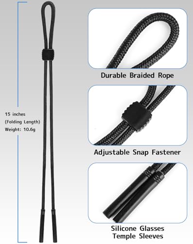 BILIONE Braided Glasses Strap, Eyeglasses & Sunglasses Lanyard Cord for Men Women, Black Eye Glasses Holders Around Neck for Sports, Adjustable Eyewear Retainer Safety String Rope, Pack of 3