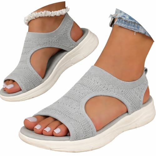 Sandalen Damen,Breite Füße Orthopädische Sandalen Sommer Bequem Wassersandalen Barfuss Flach Sandaletten Sport- & Outdoorsandalen Frauen,01 Grau,39