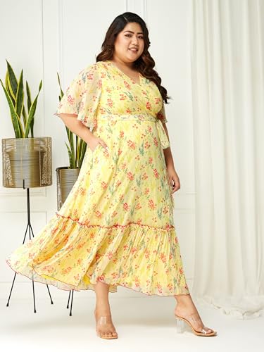Image of Miss Chase A+ Women's Floral Wrap Chiffon Maxi Dress with Flutter Sleeves Frilled Hem