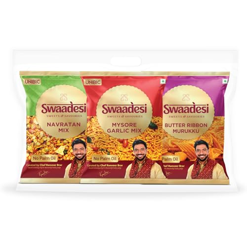 Unibic Swaadesi Assorted Namkeen| Pack of six|Unibic No Palm Oil Bikaneri Bhujia| Crunchy Nuts| Navratan Mixture| Butter Murukku| Butter Ribbon Murukku| Mysore Garlic Mix