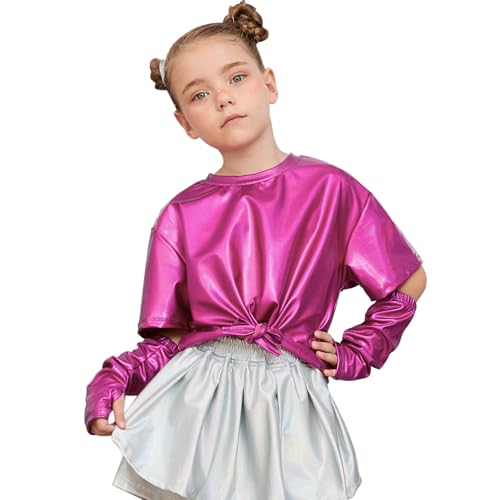 Image of Perfashion Girls Metallic Shirts Shiny Tie Front Knot Crop Top with Arm Sleeves for Dancing Raves Festivals 4-15 Years