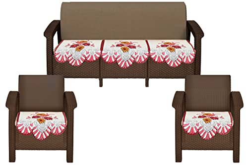 Image of The Furnishing Tree Cotton Floral Knitted Pattern 5 Pieces Bottom only 5 Seater Sofa Cover Set Maroon