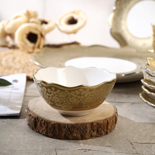Image of Timeless Elegance Dinner Set, White & Gold, 18 Piece | Gold Plated, Porcelain Crockery with Scalloped Rim, For 6 People, 6 Dinner Plates, 6 Quarter Plates & 6 Veg Bowls, DSS04