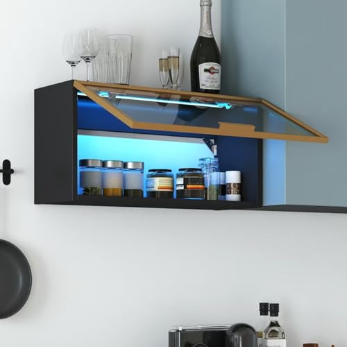 Pasirou 24' Kitchen Wall Mounted Glass Display Cabinet, Large Capacity Spice Rack Wall Mounted Storage Cabinet with Up-Flip Door for Kitchen, Dining Room
