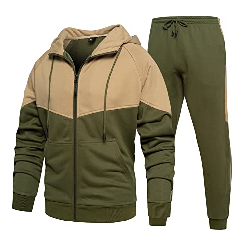 AOTORR Mens Tracksuit Set Full Zip Hooded Jacket Jogging Tops Bottoms Sweatshirt Suit with Pockets TZ95 Army Green S