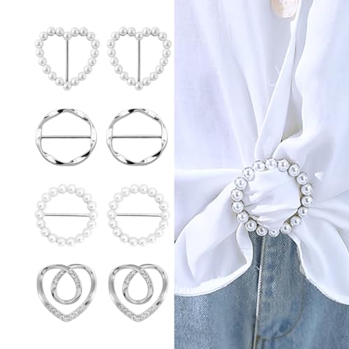 Image of 4Pcs Scarf Ring Tie Cinch Clip for Women Shawl Clothing Shirt Sweater Clips to Tighten Metal Pearl Flower Round Circle Pin Buckle Bandana Ring Trendy Silk Scarf for Women
