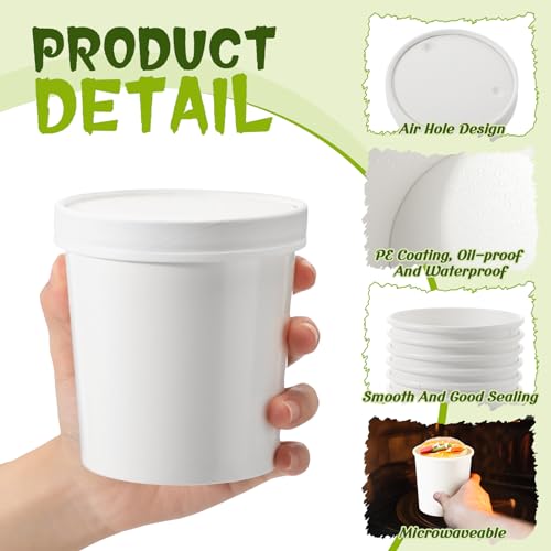 Image of Fulmoon 16 oz 100 Pack Paper Containers with Lids Soup Bowl Cup, White | Disposable Ice Cream Cup, Kraft Food Containers with Vented Lid Stackable for Hot Soup Dessert Cake Fruit Microwave Takeout