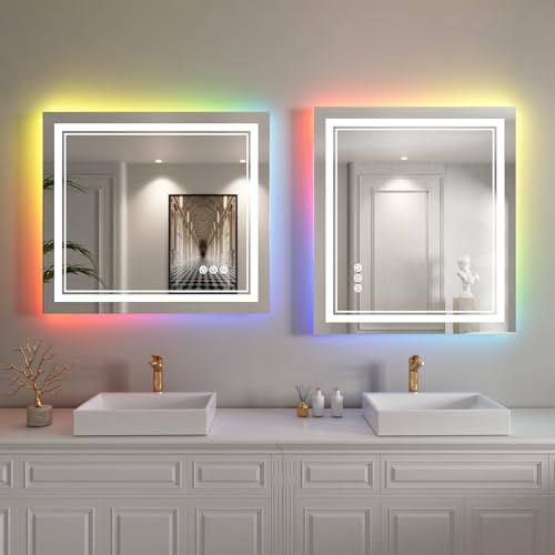 24x30 inch LED Bathroom Mirror with Lights RGB Backlit Color Changing Lighted Vanity Mirror for Bathroom Wall Dimmable Anti-Fog Led Mirror for Bathroom(RGB Backlit + 3 Front-Lighted)