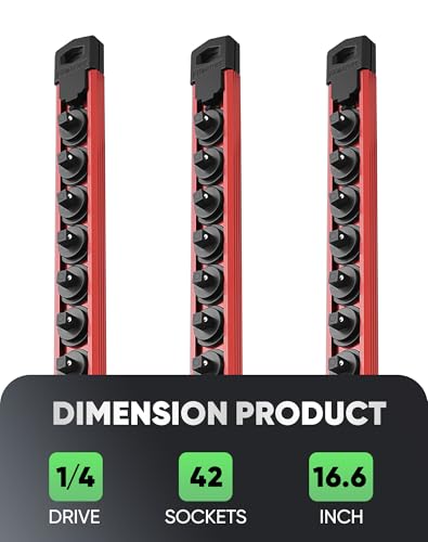 Image of ALOANES Magnetic Socket Organizer Set, 3-Piece Heavy Duty Aluminum Socket Rails, 360 Swivel Clips Socket Rail Kit for Tool Tray Drawer Fit 1 /4-Inch x 42 Clips (Red, 3PC)