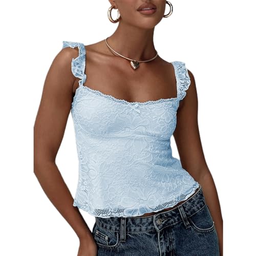 Women Y2k Lace Trim Tank Tops Cute Floral Lace LowCut Ruffle Going Out Camisole Summer Fairycore Coquette Streetwear Blue