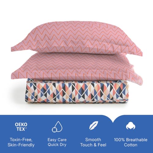 Image of Livspace Cotton Queen Size Bedsheet for Double Bed | 100 inch x 88 inch | 144 TC Flat Cotton Bedsheet with 2 Pillow Covers, Soft & Breathable - Bello Pure Nest Collection (Pink Blue)