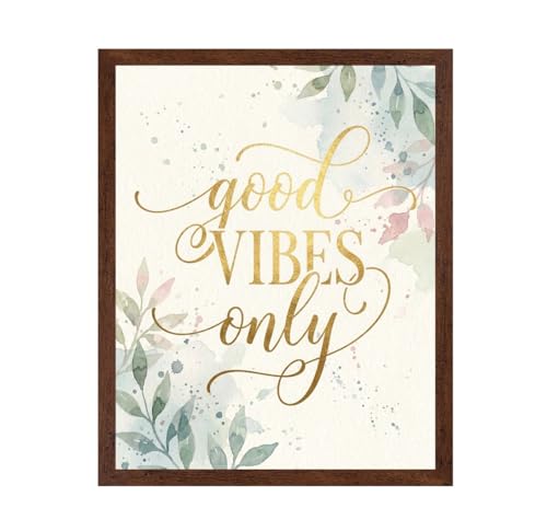 ALPINE INK CO. Inspirational Poster with Frame - Good Vibes Only Quote Artwork - Watercolor Leaves and Floral Calligraphy Design - Living Room Office Wall Decor - 11x14 Brown Framed Print