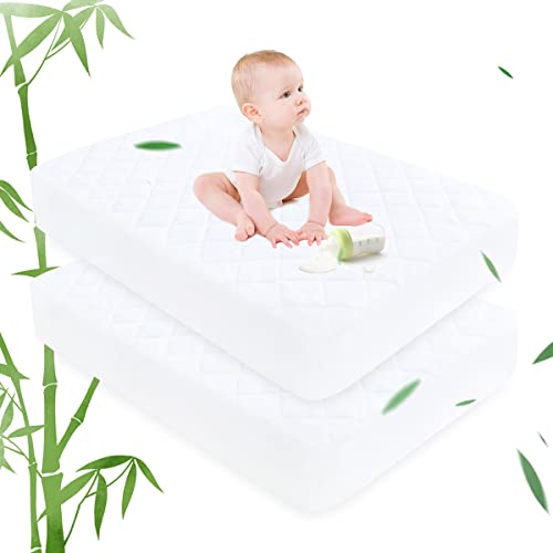 Image of Ruili Bamboo Viscose Waterproof Crib Mattress Protector, 2 Pack Quilted Fitted Breathable Toddler Baby Mattress Cover, Organic Bamboo Viscose Soft Crib Mattress Pad, White (52x28 Inches)
