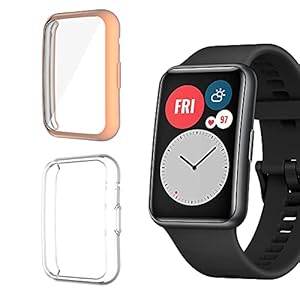 Niboow Hülle [2-Stück] Kompatibel mit Huawei Watch Fit, mit Kratzfest ​Displayschutzfolie, Soft TPU Stoßfestes Schutzhülle Kompatibel mit Huawei Watch Fit-Roségold/Transparent