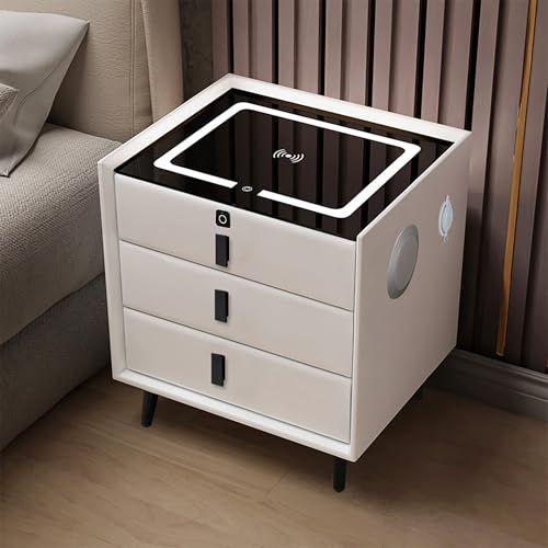 HJYBFA Mesita de Noche Inteligente luz LED Tricolor y Carga inalámbrica, Altavoces duales Modernos, Puerto USB, mesita de Noche para Dormitorio con Cerradura de Huella Dactilar