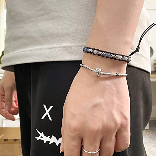 Image of KELITCH 925 Silver Skull Bracelets Wrap Bracelets Women Crystal Beaded Bracelets on Natural Leather