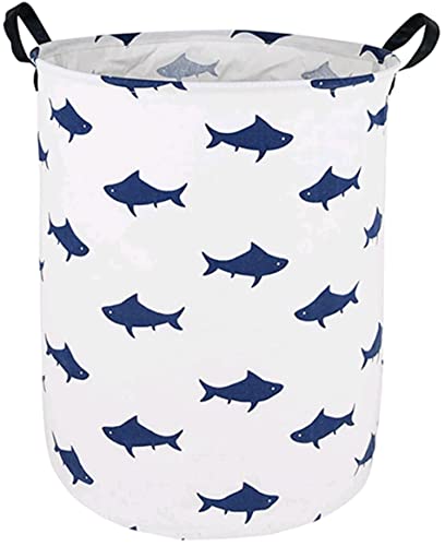 Image of Round Navy Shark Pattern Laundry Hamper Storage Basket Fabric Material Storage Hamper Organization Basket, Storage Bin, Gift Box with Handles for Room