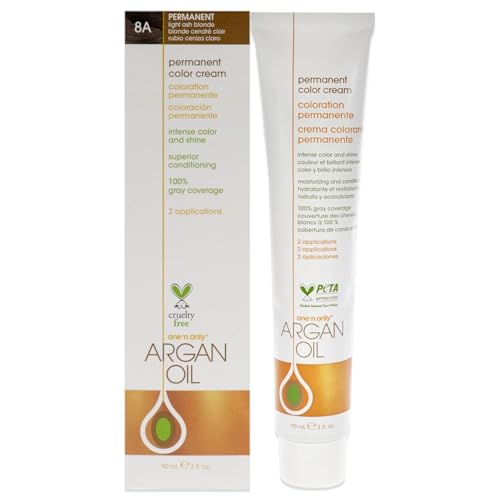 One N' Only Permanent Hair Color - Permanent Hair Dye Made with Argan Oil - Delivers Rich, Accurate Tones with Gray Coverage - Improves Moisture & Elasticity - 8A Light Ash Blonde (3 oz)