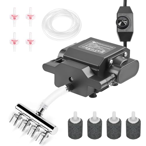AQQA Potente bomba de aire de acuario ajustable aireador de oxígeno con 4 salidas de aire, todos los accesorios...